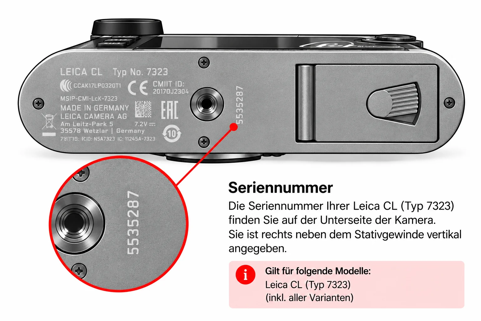 Position der Seriennummer bei der digitalen Leica CL