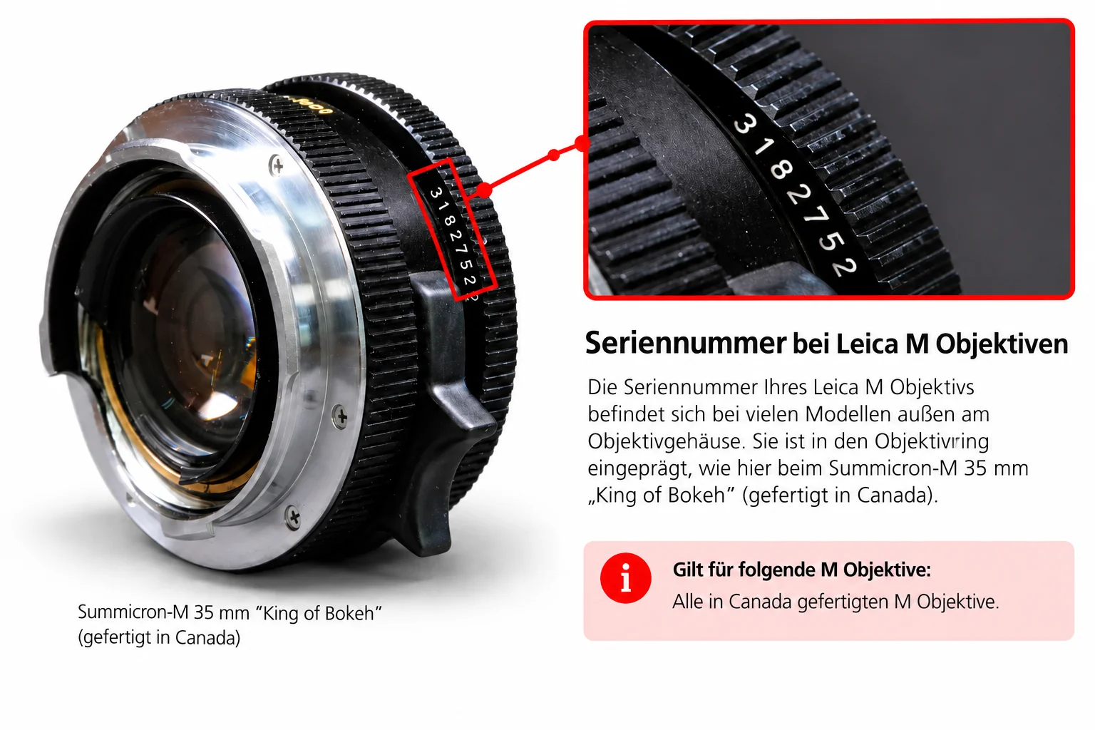Seriennummer eines Leica Summicron-M 35 mm King of Bokeh am Objektivtubus