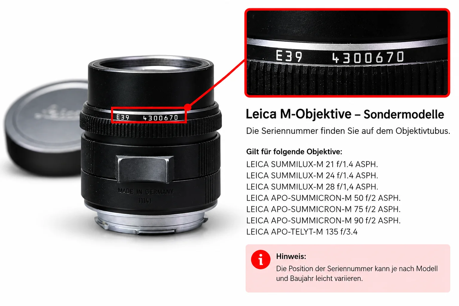 Seriennummer am Objektivtubus verschiedener Leica M Objektive