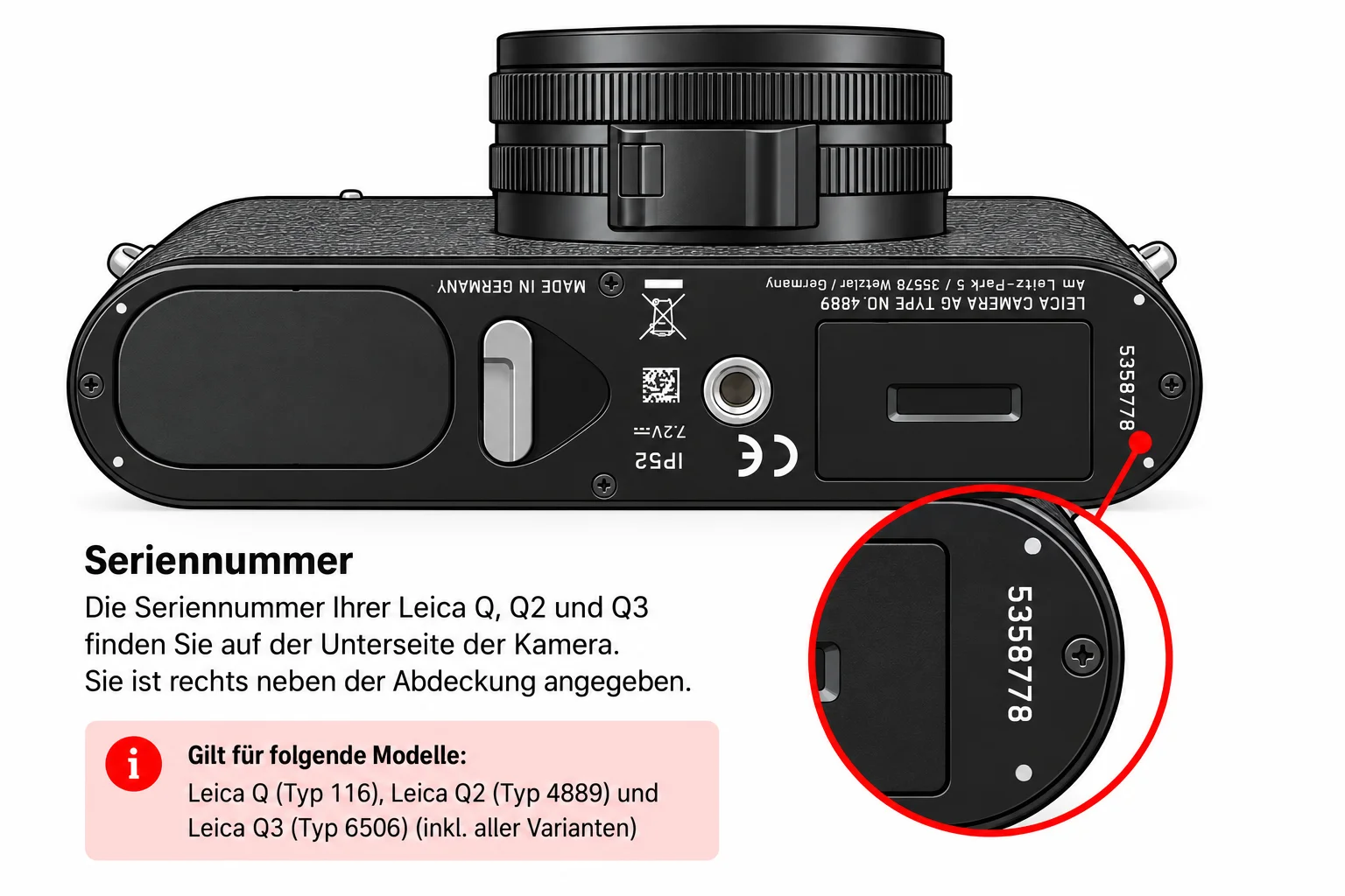 Position der Seriennummer bei Leica Q, Q2 und Q3